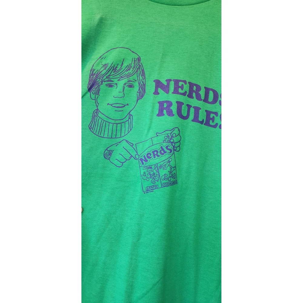 Vintage Nerds Rule Shirt Mens XL Green Candy Graphic Fruit Of The Loom Tee 2000s
